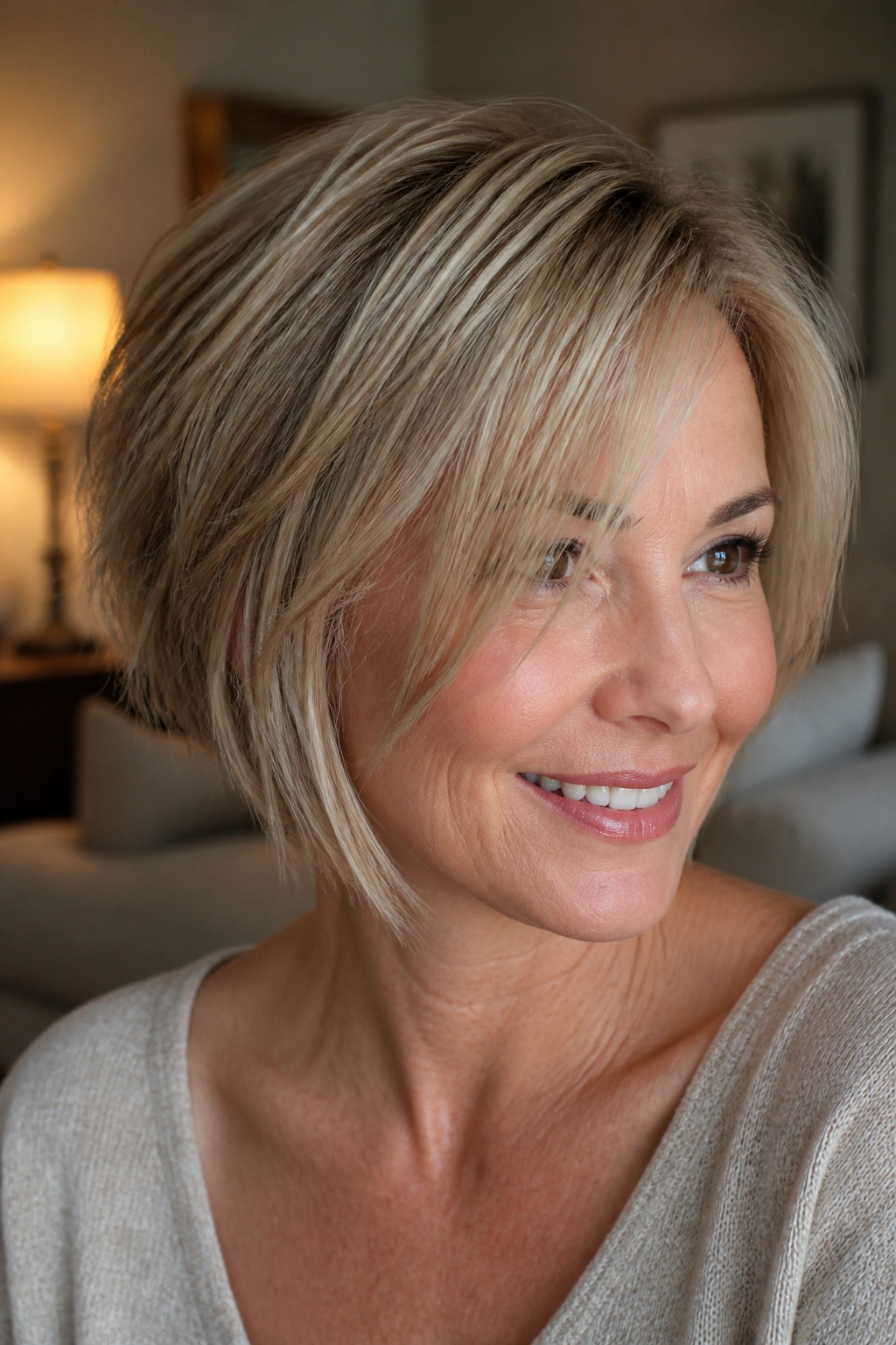 Close-up portrait of a woman with piecey layered bob in warm home lighting