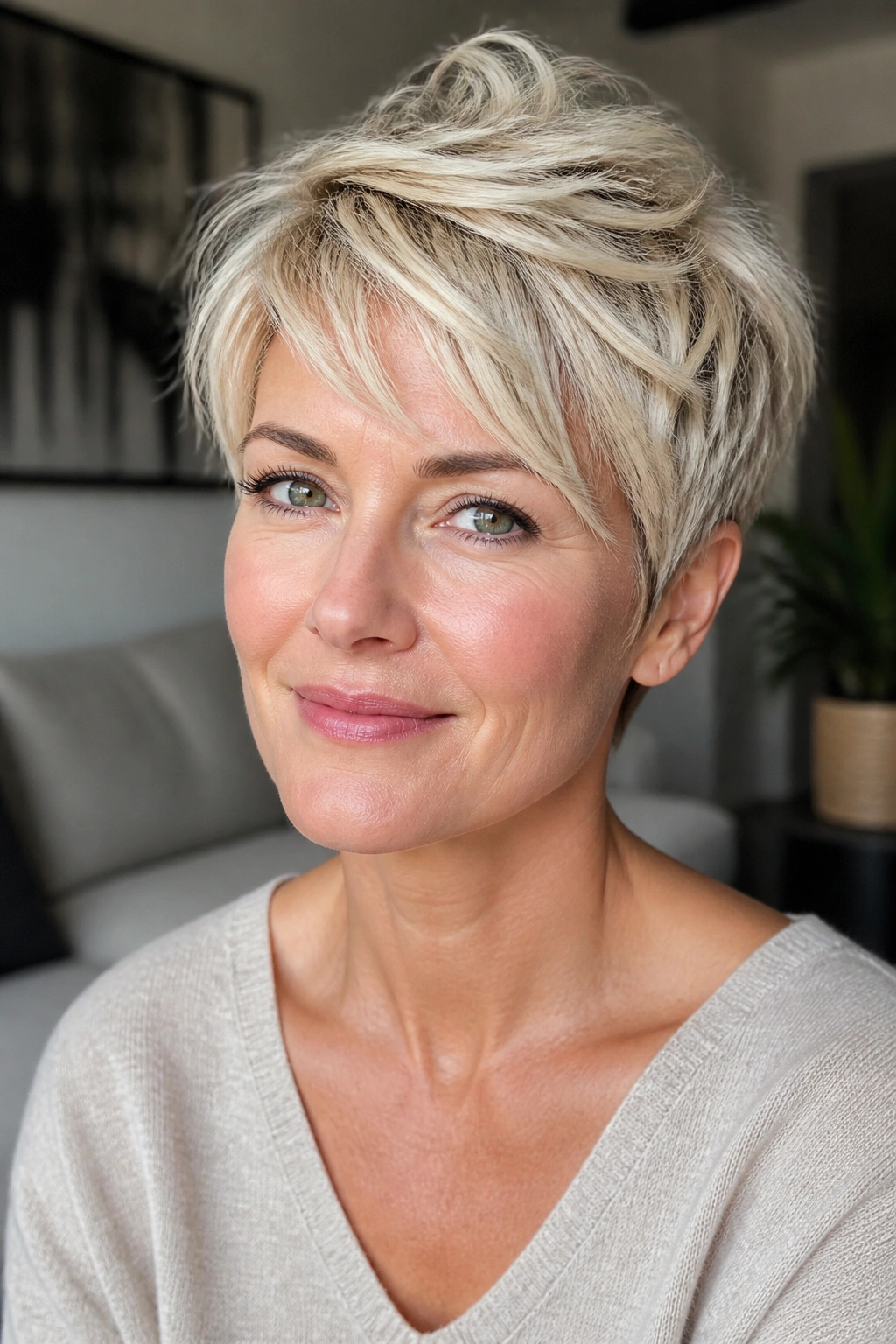 Close-up portrait of a real woman with piecey layered blonde pixie showing directional hair pieces