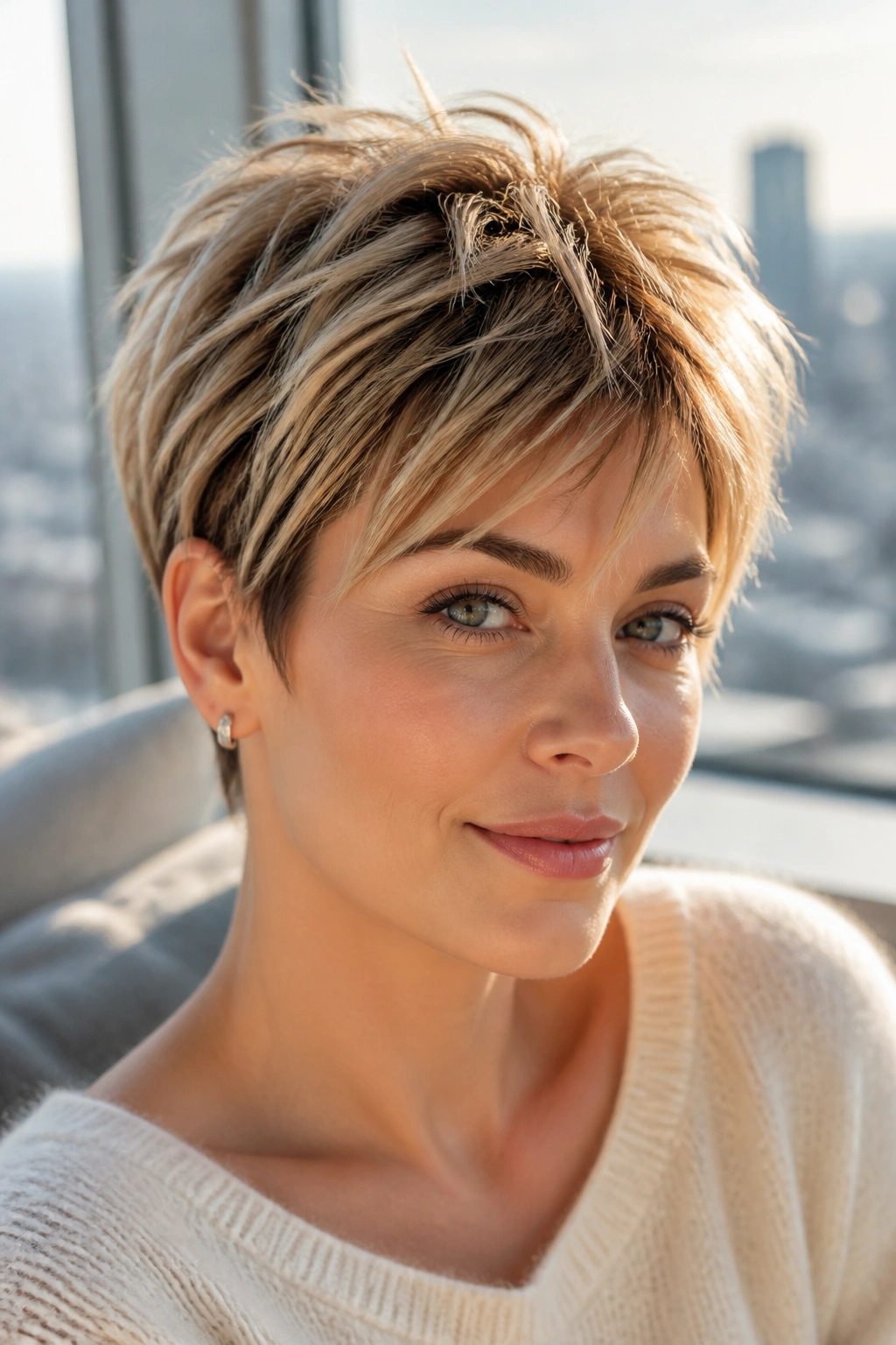 Close-up of a real woman with piecey layered pixie showing visible texture.