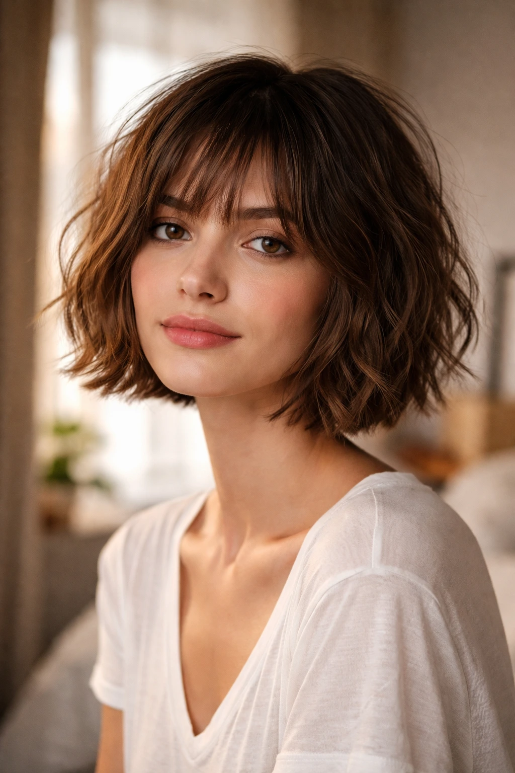 Close-up of a real woman with a chin-length French bob featuring piecey layers.