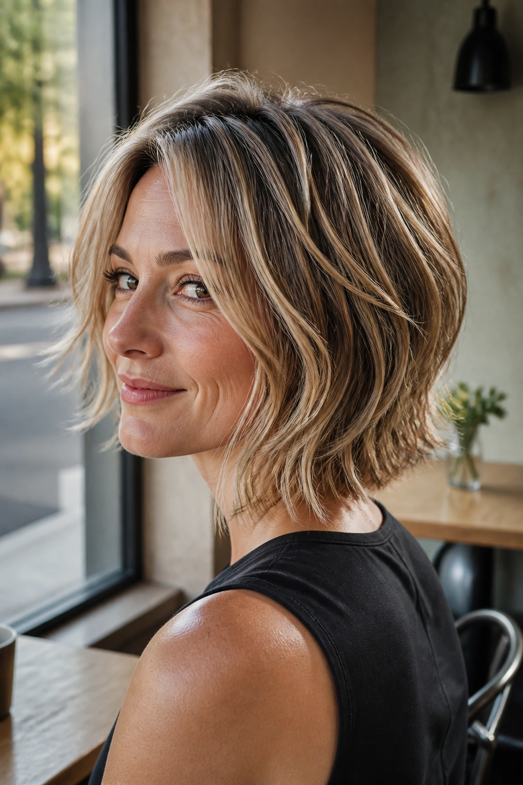 Shoulder-up portrait of a real woman with a piecey lob and softly stacked back.