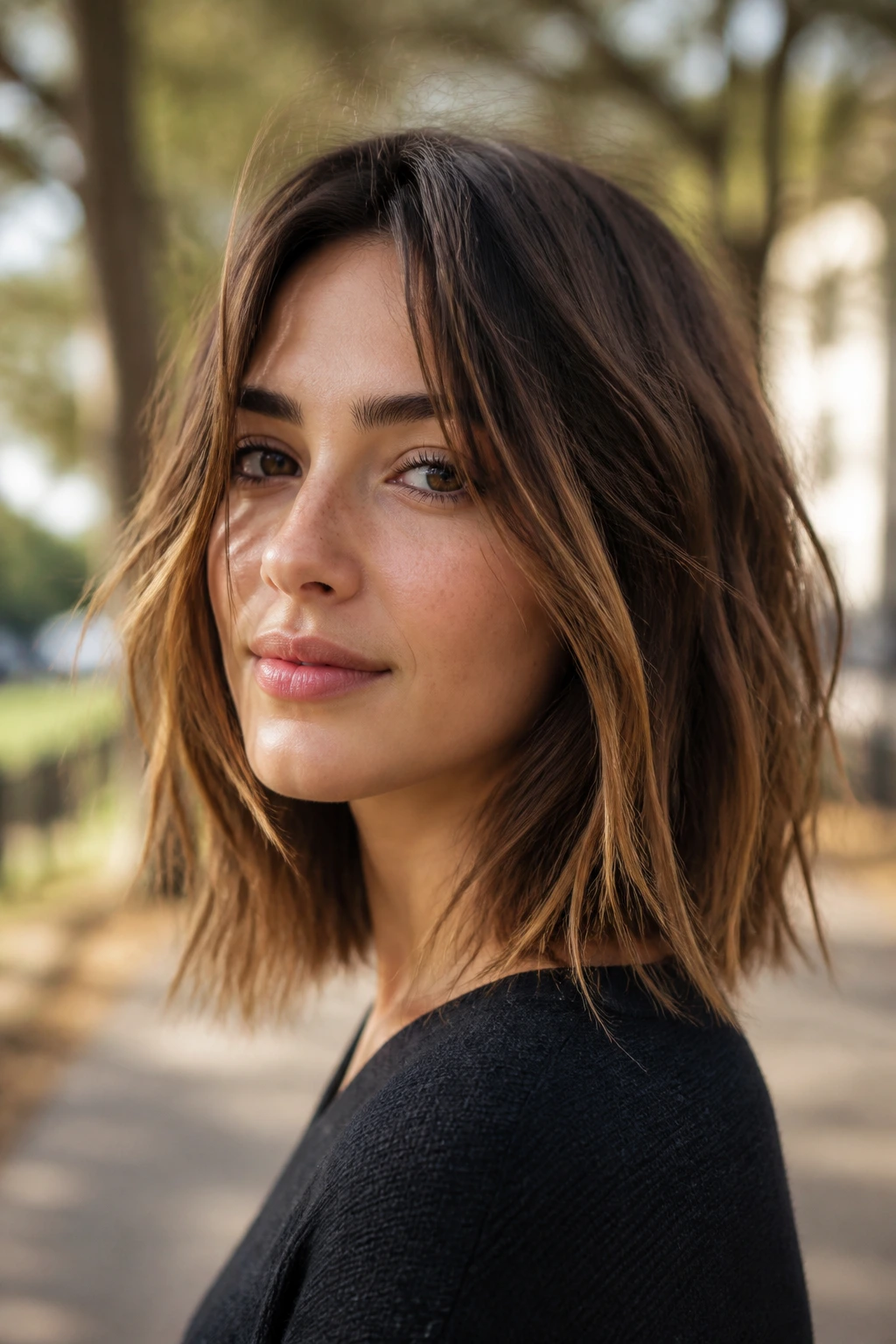 Portrait of a real woman with piecey lob and separated layers