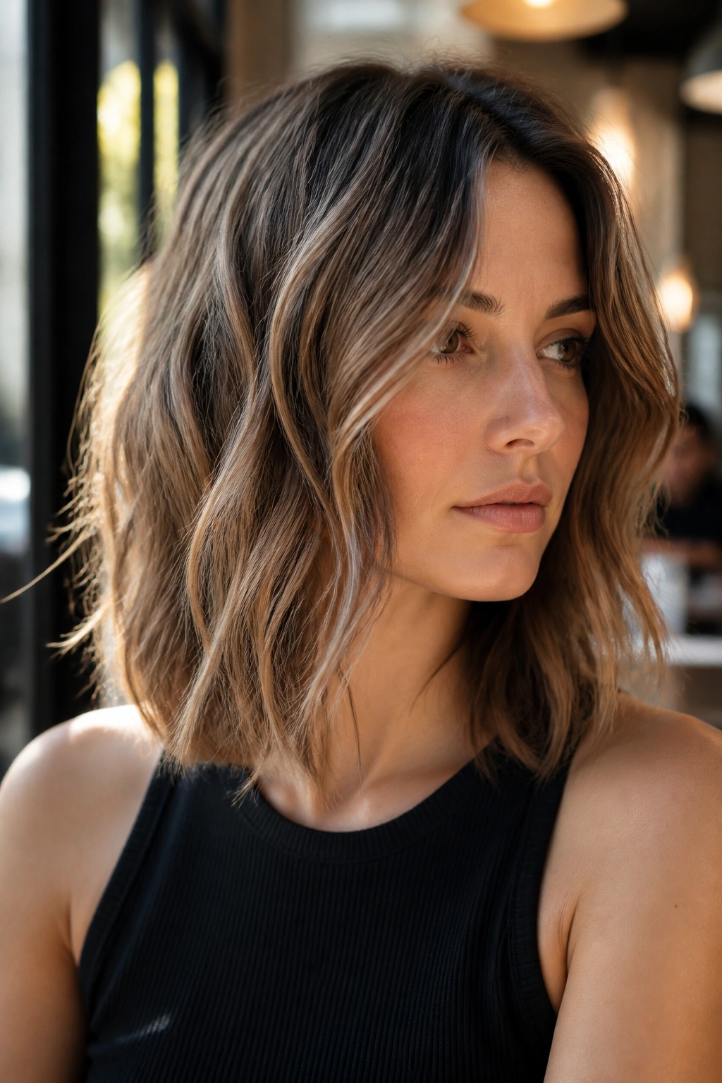Close-up portrait of a real woman with textured matte-finish piecey waves framing her face