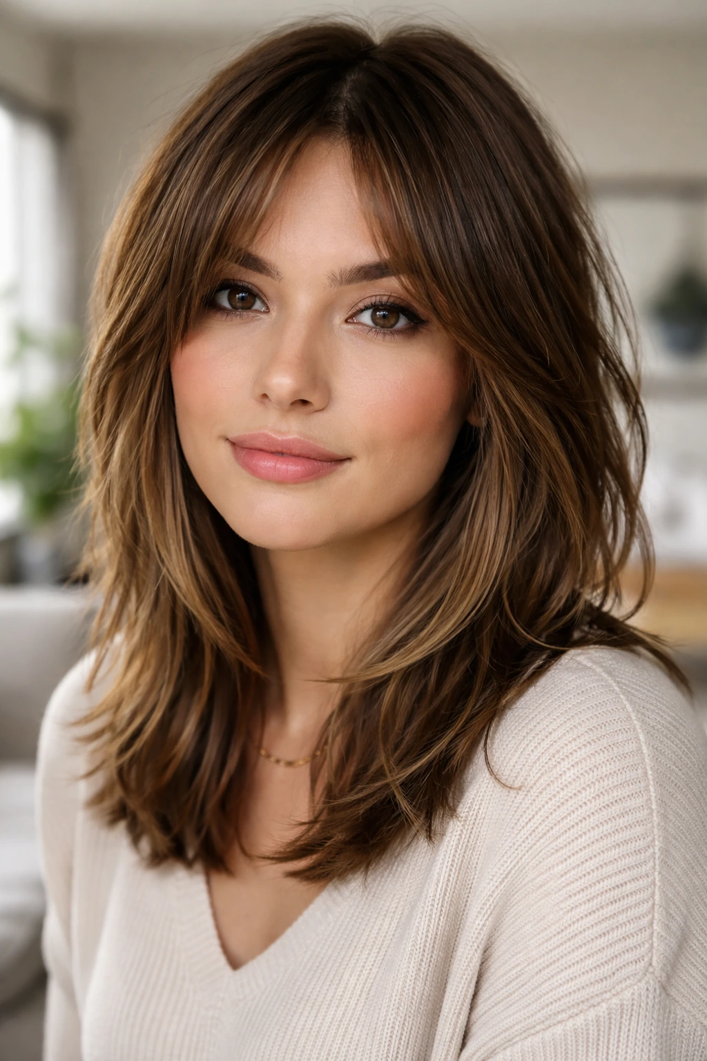 Close-up of a real person with piecey mid-length layered hair in natural daylight