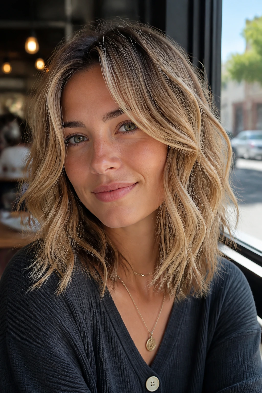 Close-up portrait of a real woman with a Piecey Midlength Cut in cafe daylight.