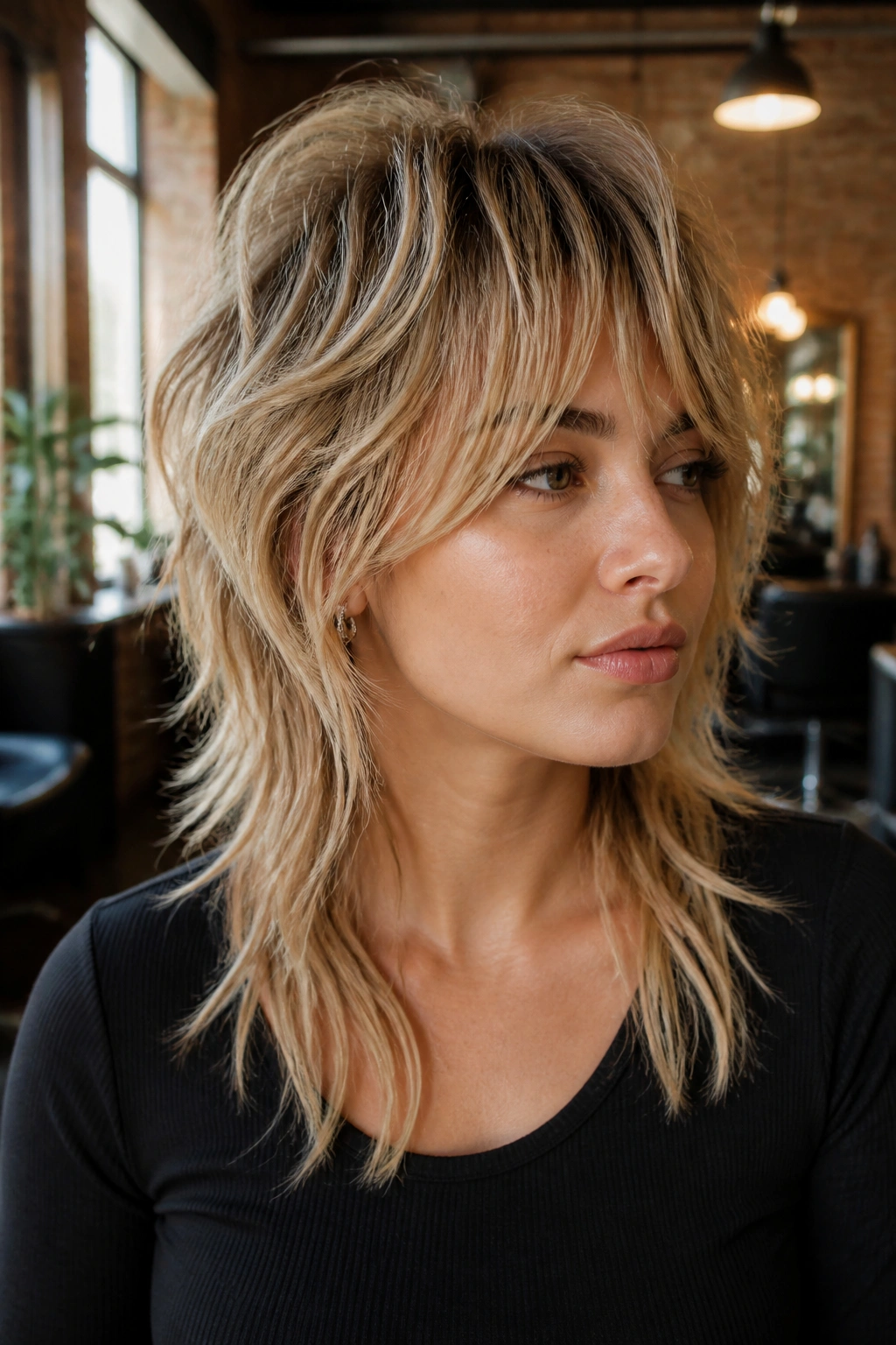 Real woman with thick hair piecey blonde mullet in a chic loft salon