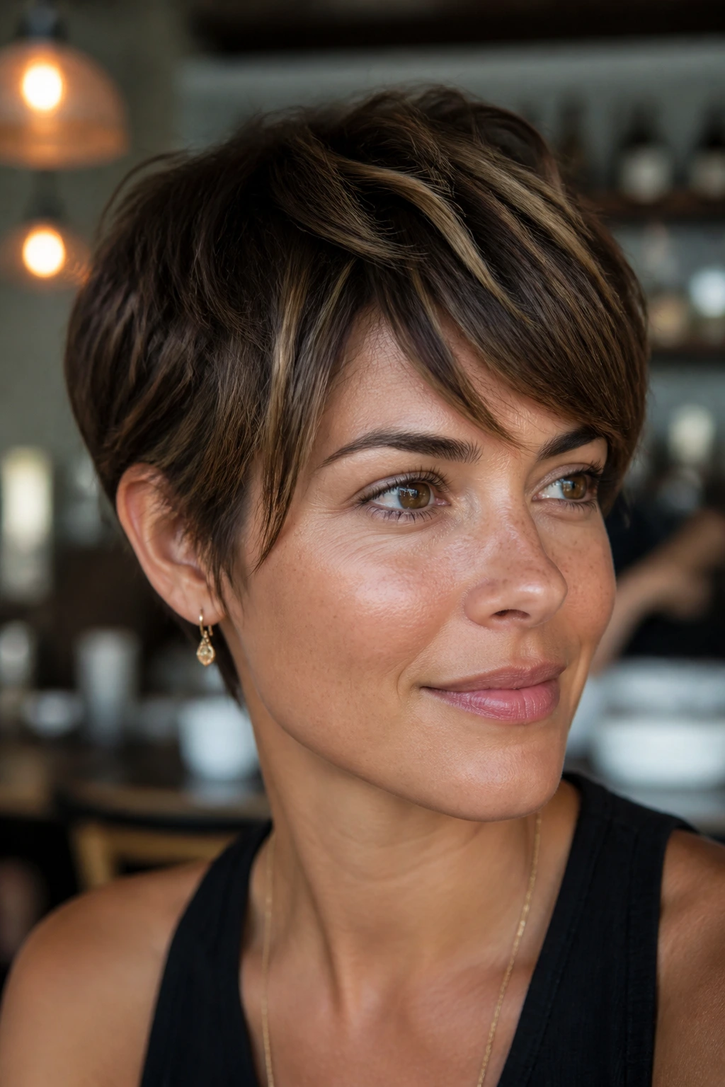 Close-up portrait of a real woman with a piecey pixie and balayage highlights.