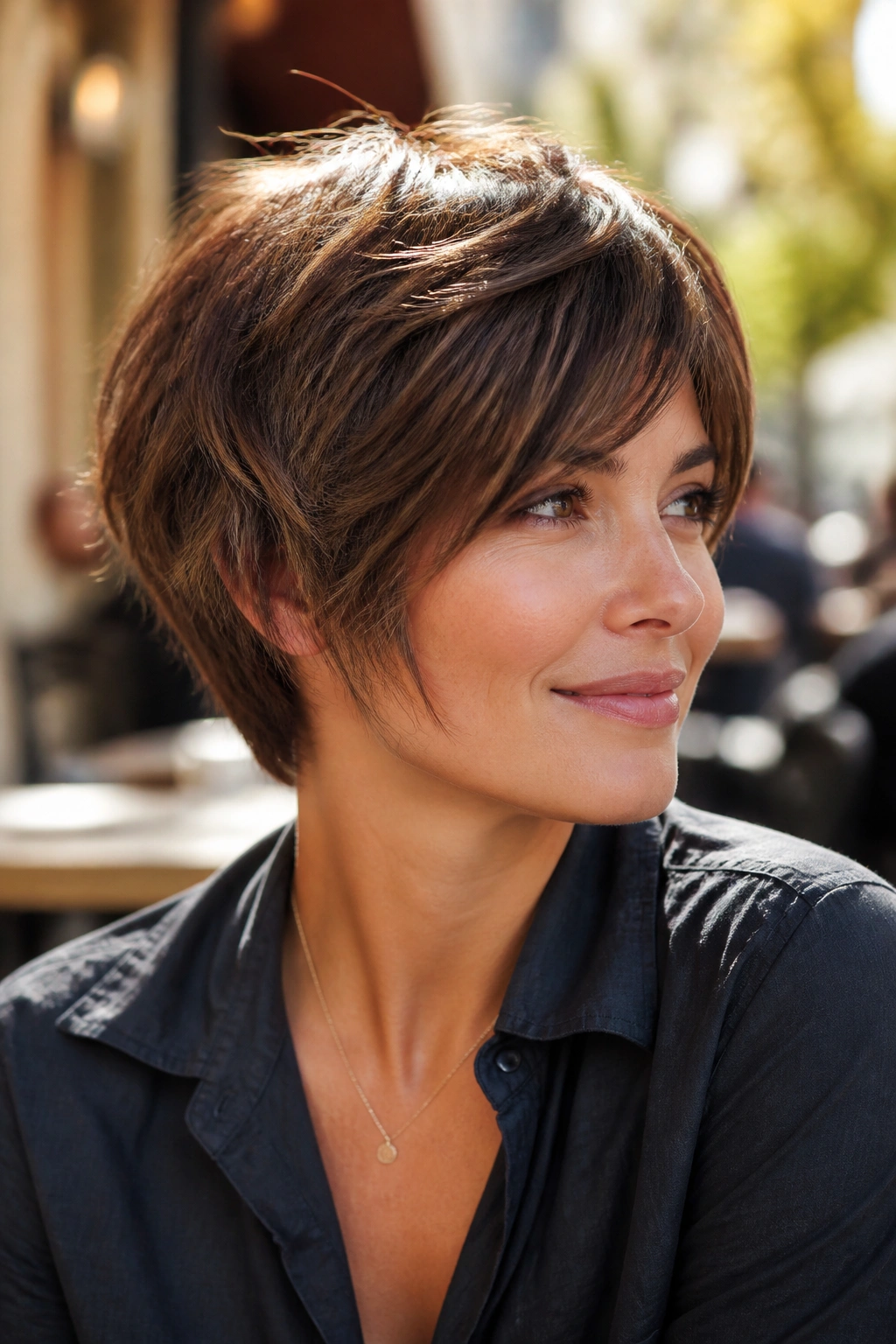 Portrait of a real person with a piecey pixie bob in a sunlit cafe setting.