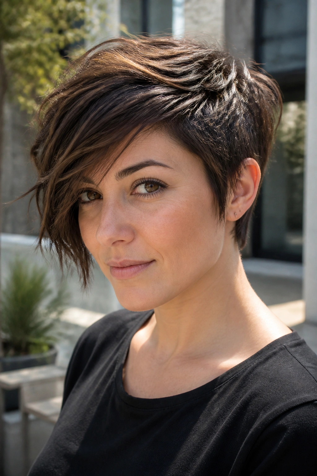 Close-up of a real person with a piecey pixie bob showing textured segments.