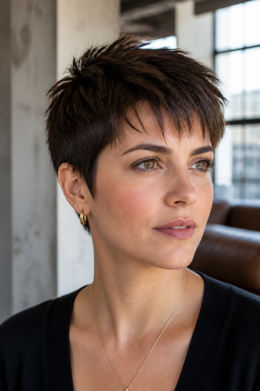Close-up portrait of a real woman with piecey dark brown pixie ends