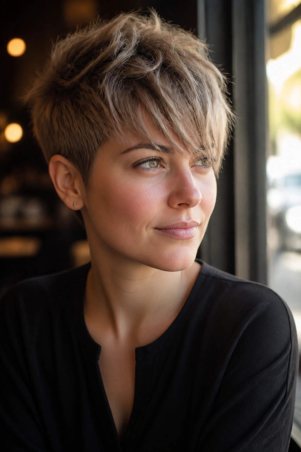 Close-up portrait of a real woman with a piecey pixie and long crown fringe.