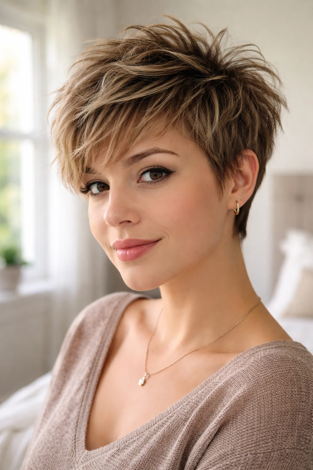 Close-up portrait of a real woman with a piecey pixie haircut with voluminous crown.