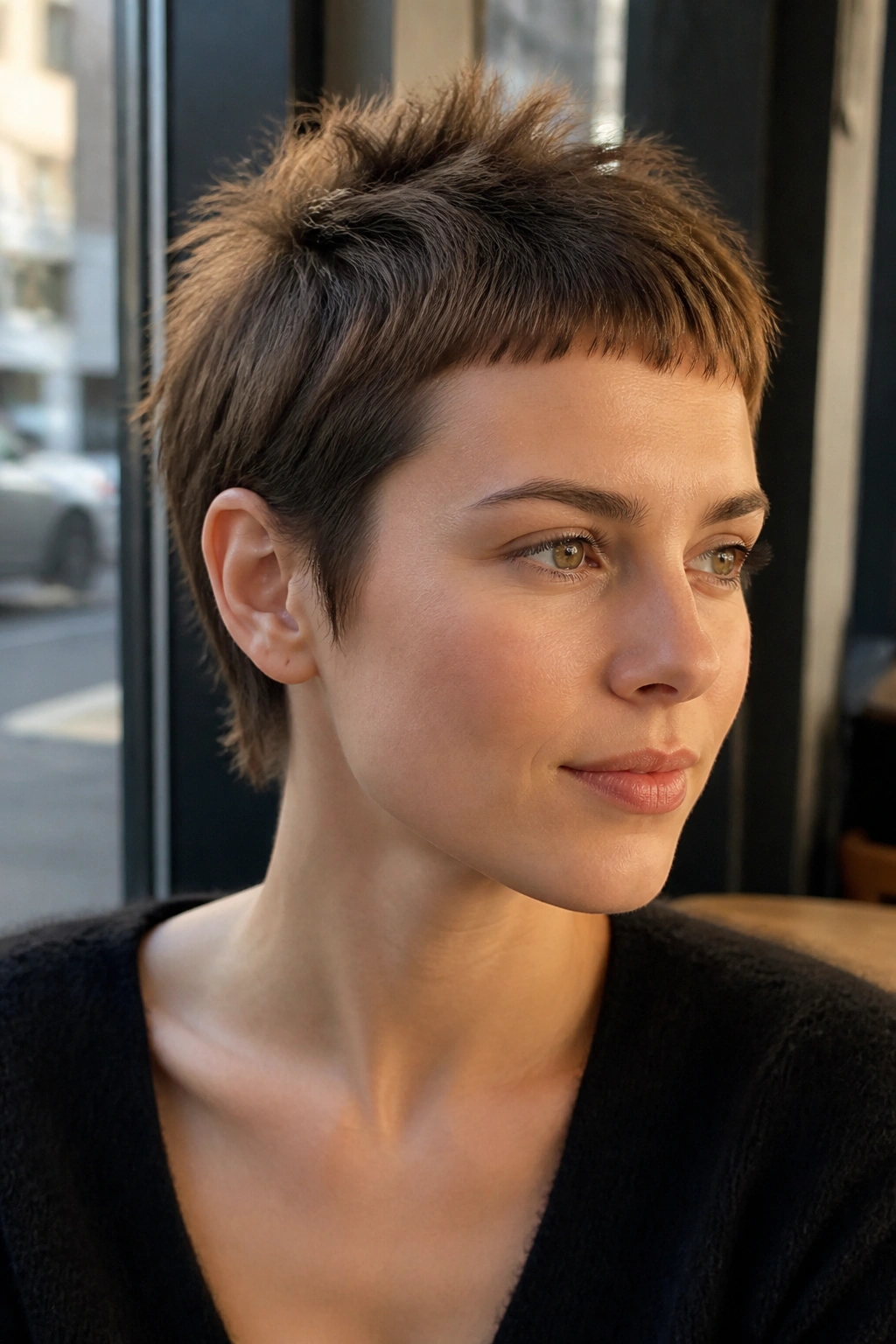 Portrait of a person with a micro-fringe pixie cut and textured top.