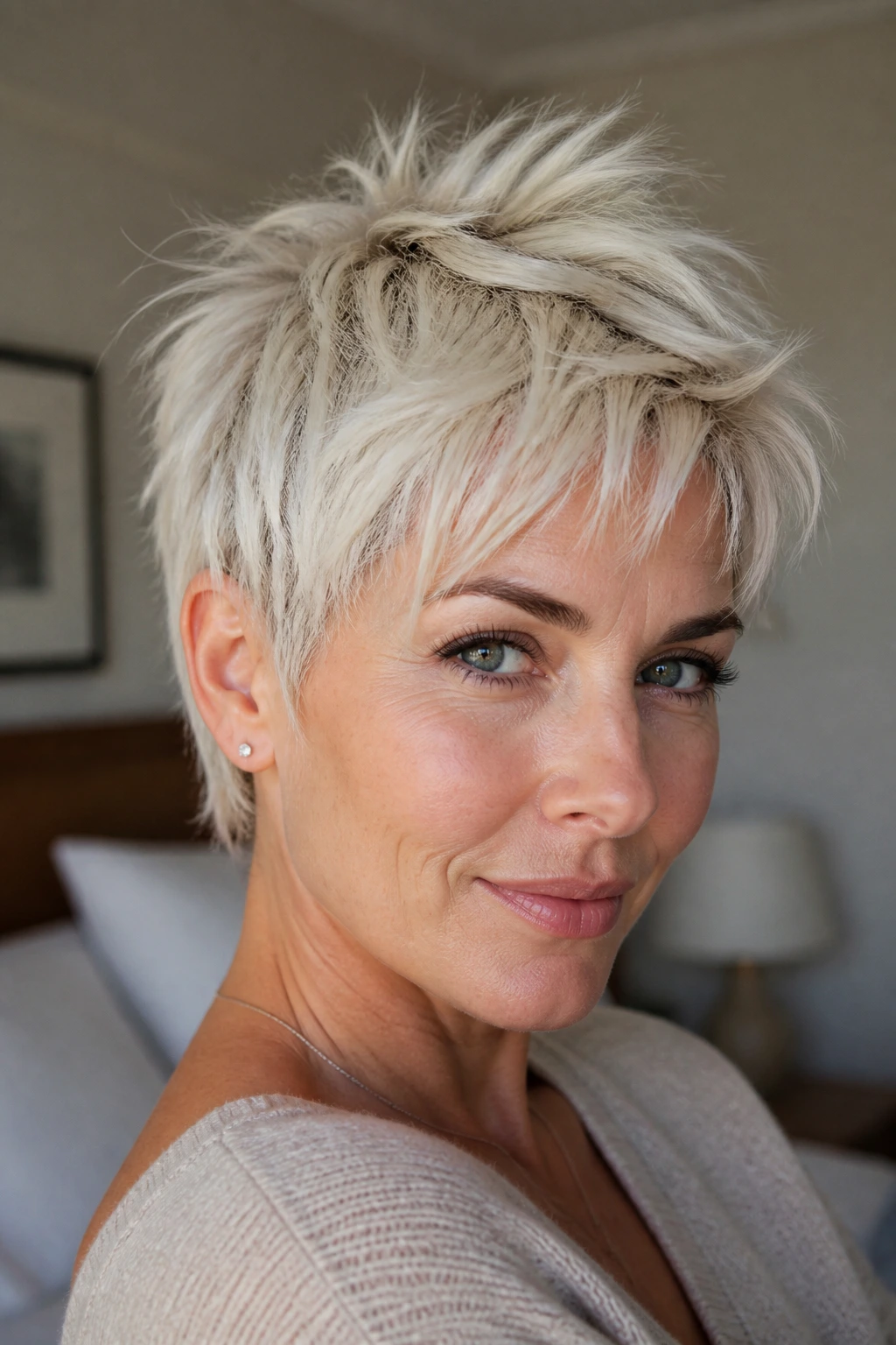 Close-up portrait of a real woman with a piecey bedhead pixie in platinum.