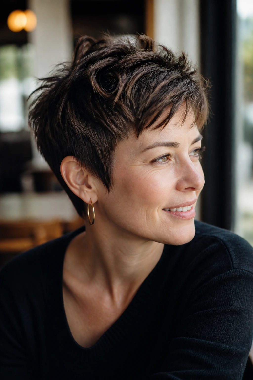 Close-up of a real person with piecey textured pixie hairstyle
