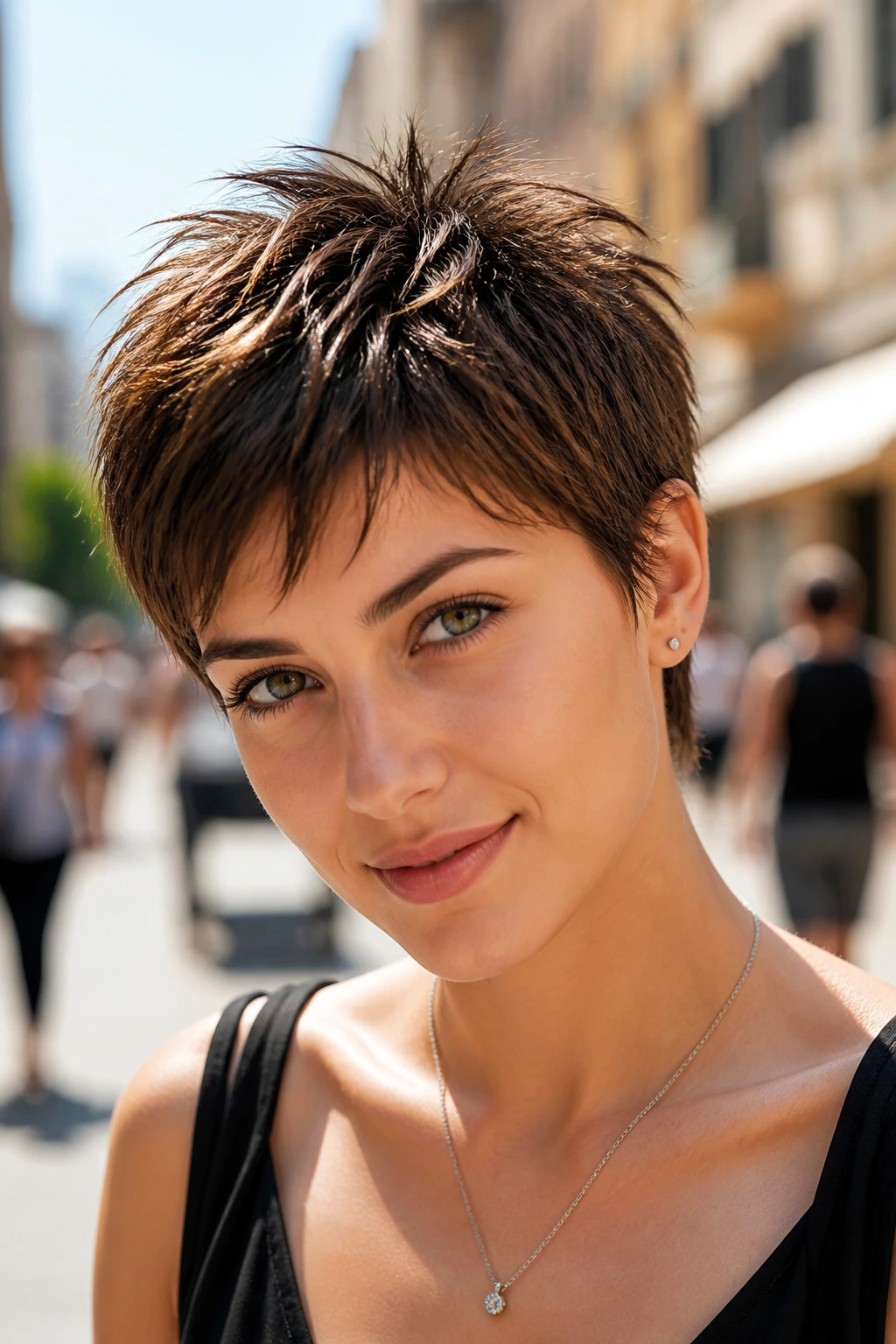 Close-up of a girl with a piecey pixie and separated ends