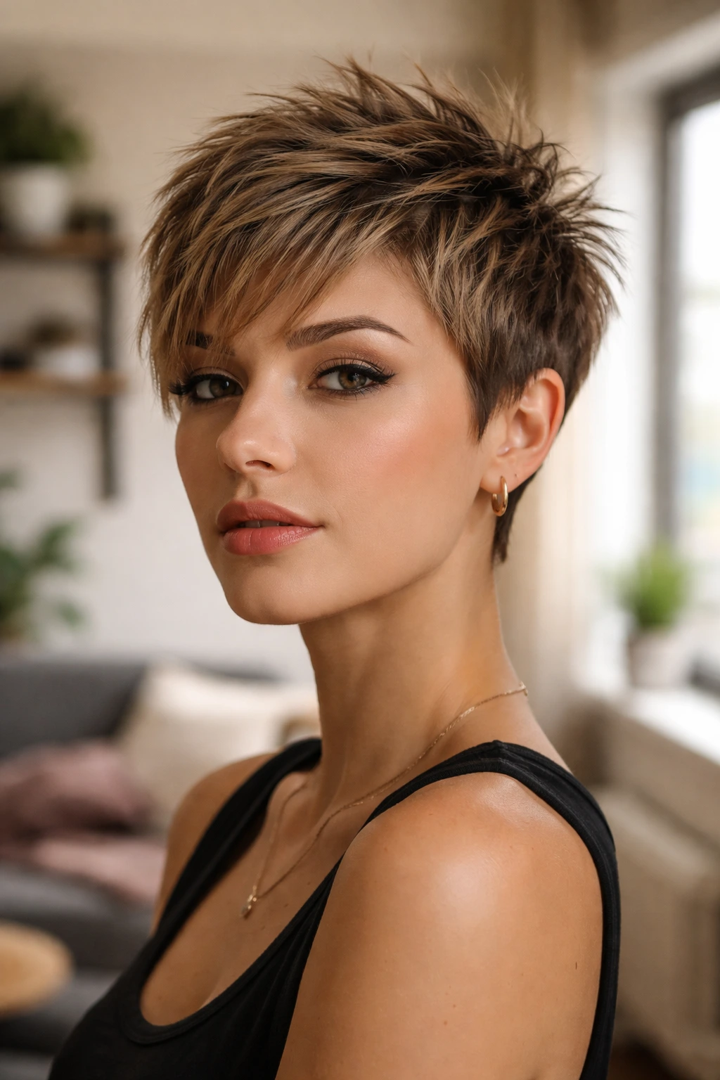 Real person with jagged textured pixie cut in natural light