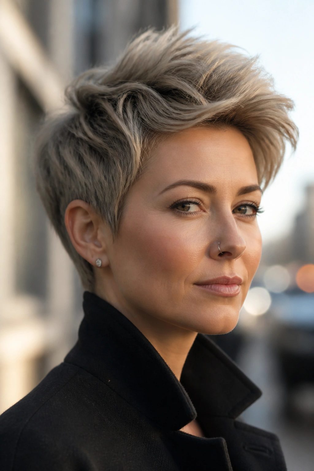 Close-up of a real person with a piecey pixie and long top in urban morning light.