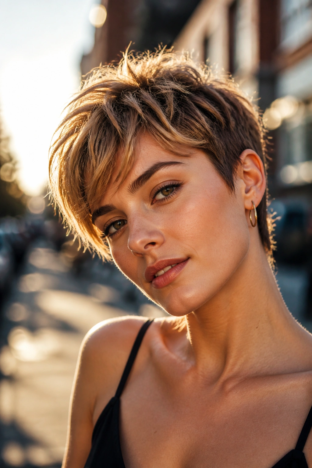 Real person with tousled piecey pixie haircut showing texture