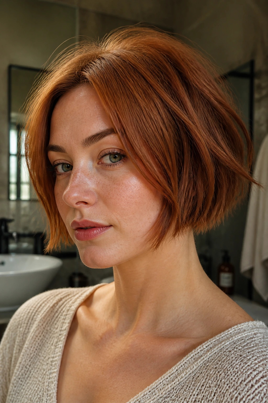 Portrait of a woman with piecey strawberry bob and razor ends.