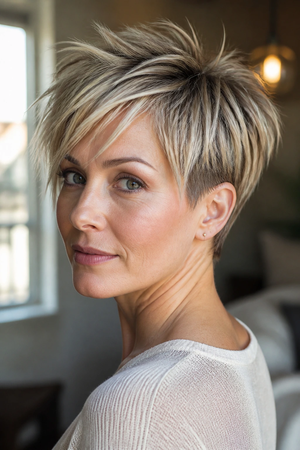 Close-up portrait of a real woman with a piecey razor-cut pixie with tucked sides under natural light
