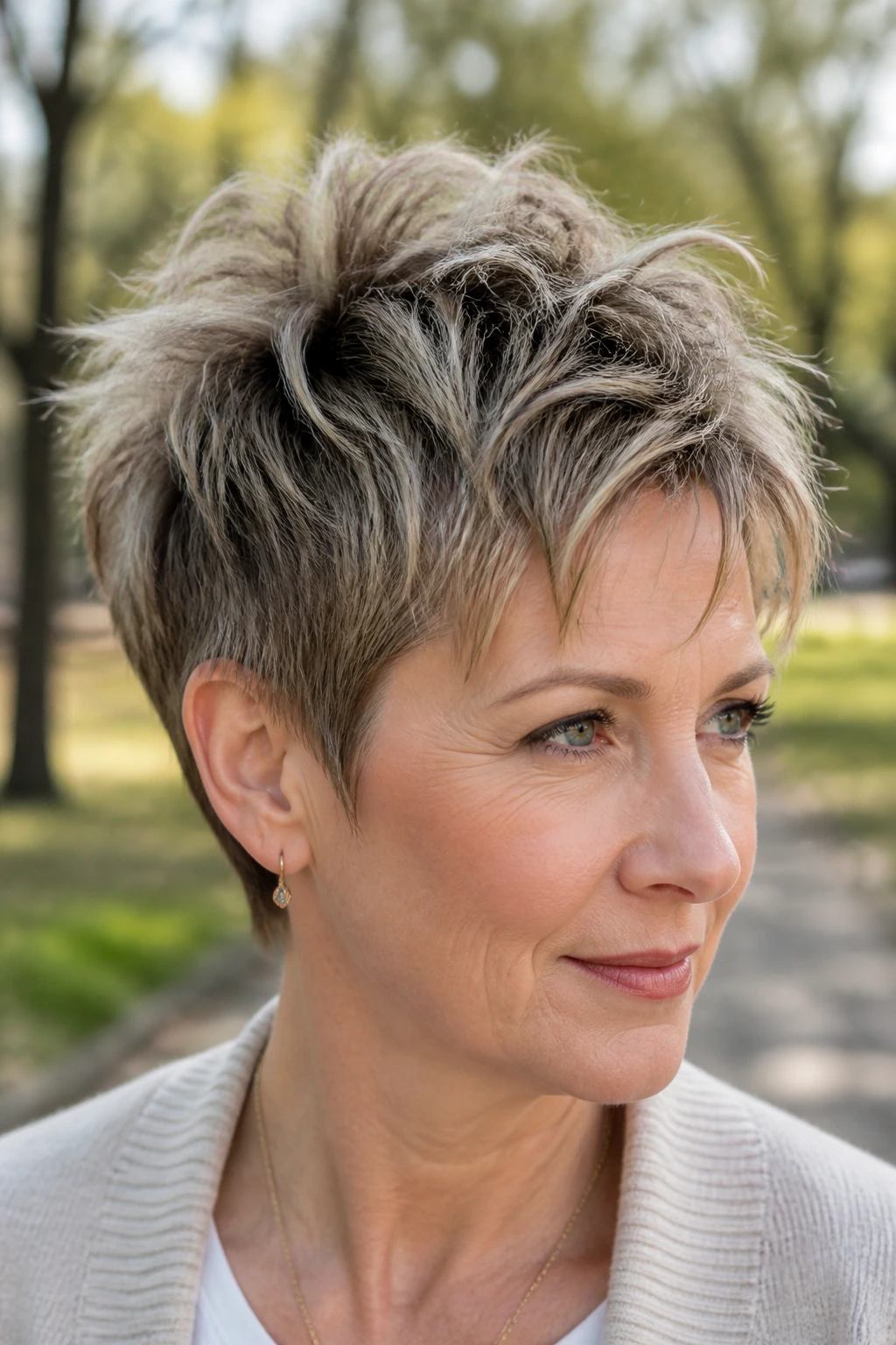Close-up of a real woman with piecey root-lift pixie hairstyle