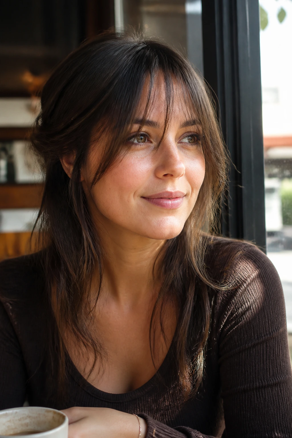 Close-up portrait of a real woman with piecey separated fringe in sunlit cafe