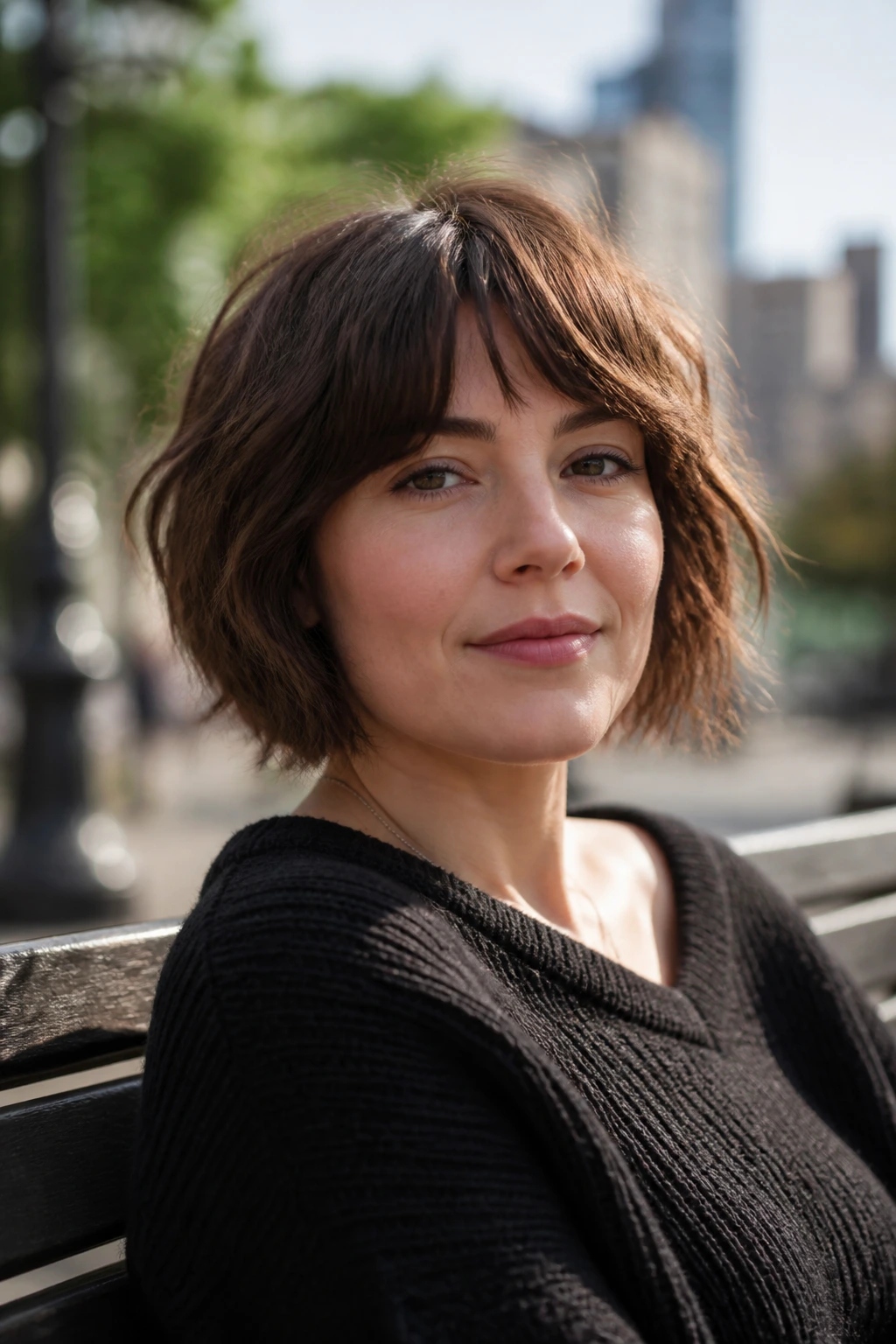 Close-up of a real woman with a piecey shag bob in a sunny urban setting