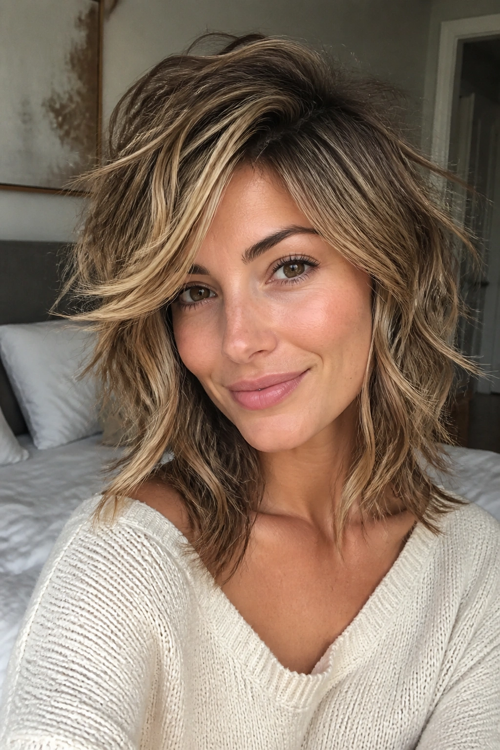 Close-up of a real woman with a piecey shag and deep side part, textured ends and lift
