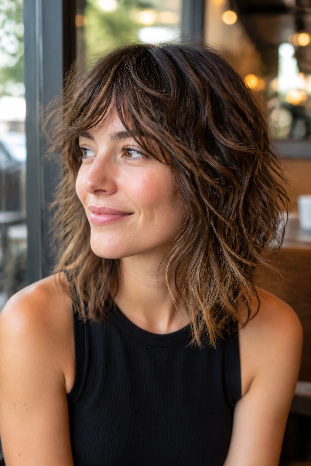 Close-up of a real woman with piecey shag on fine, dense-wavy hair showing texture.