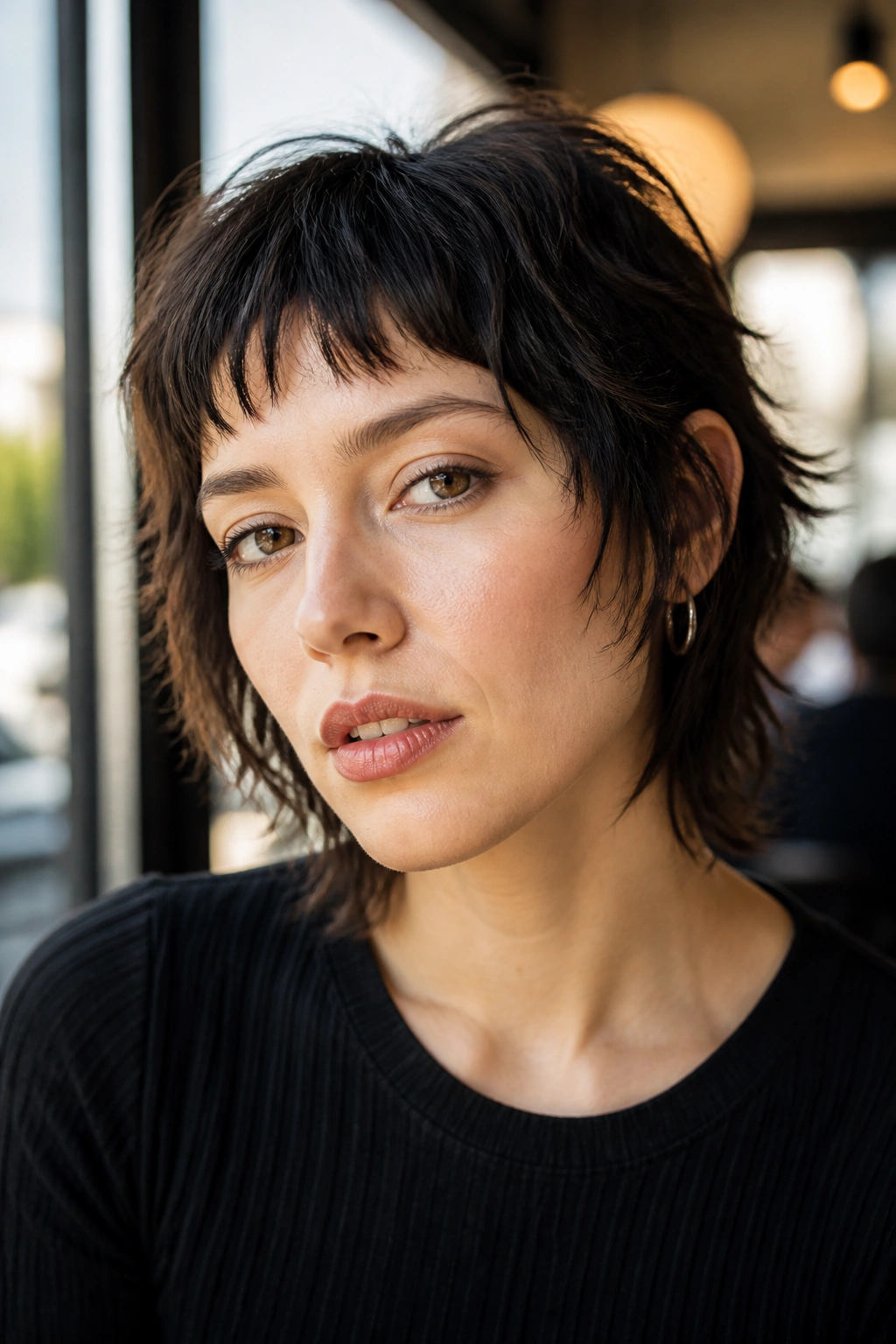 Close-up of real person with Piecey Shag With Micro Bangs in a cafe window light