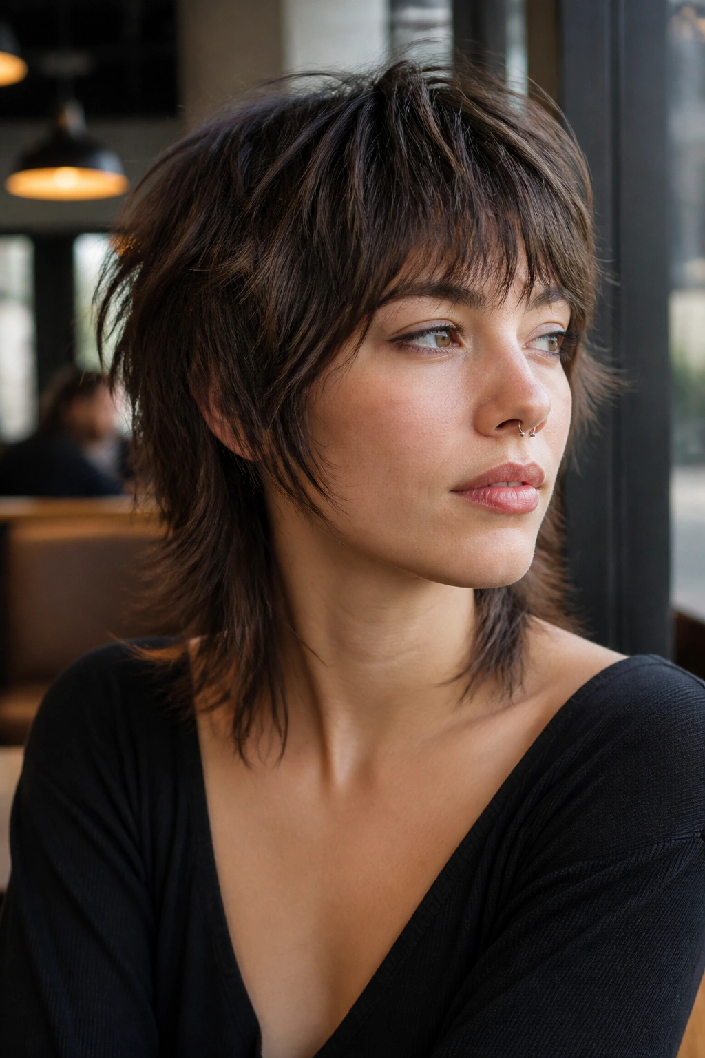 Close-up portrait of a woman with a piecey shag and micro layers in cafe light