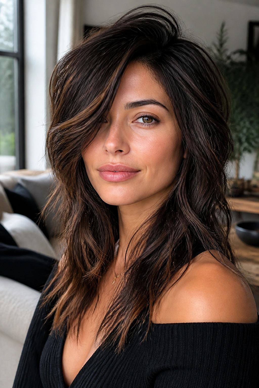 Close-up portrait of a real woman with a deep side part in a piecey shag.