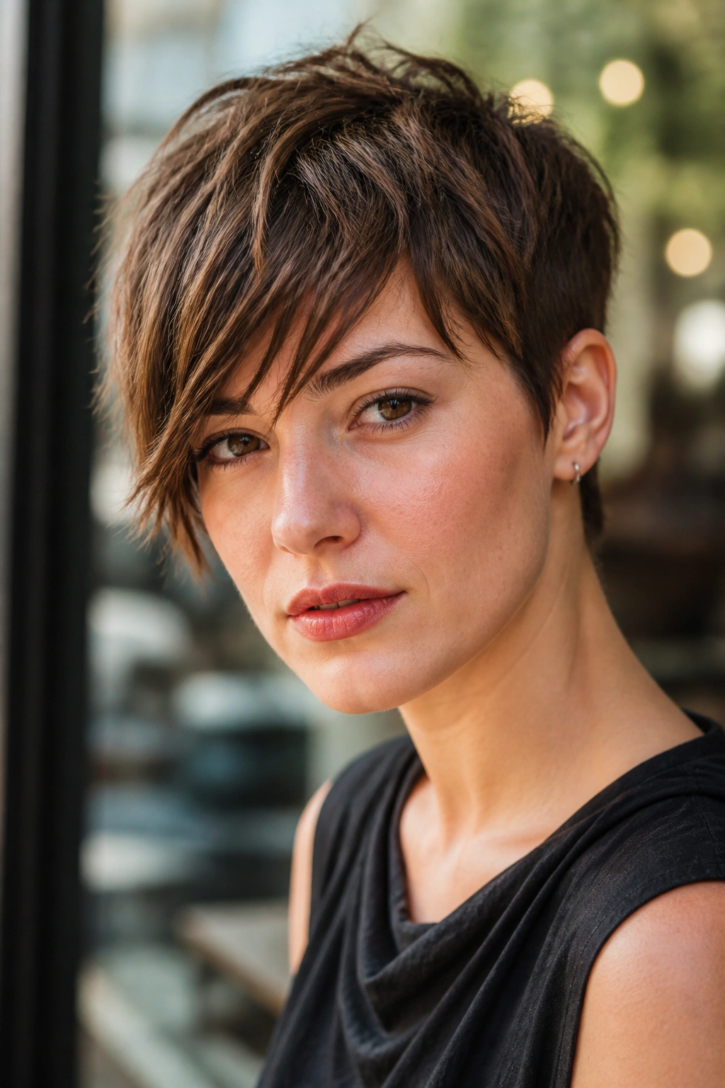 Portrait of a real person with piecey side bangs and textured crop