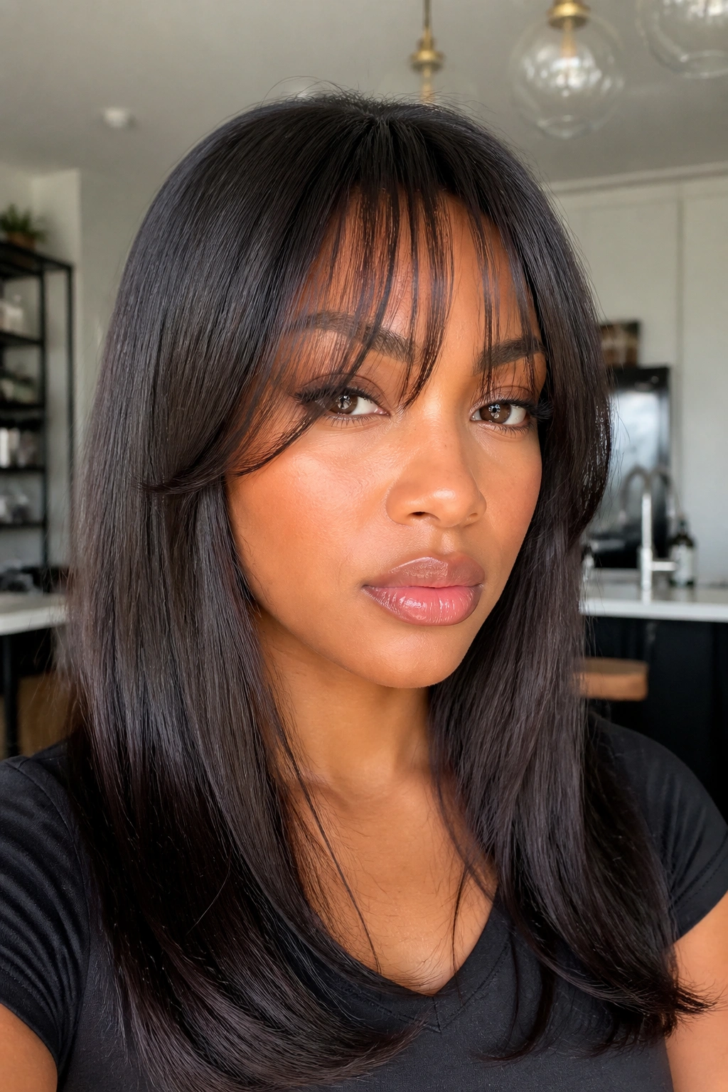 Close-up of a person with piecey silk-pressed bangs showing individual segments