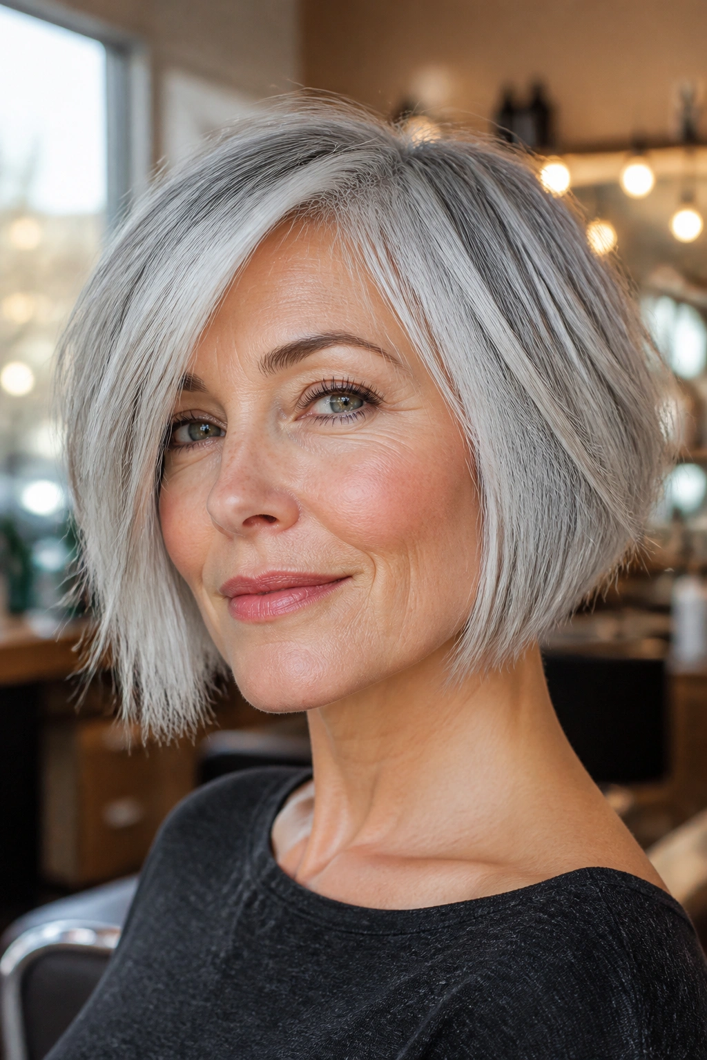 Close-up portrait of a real woman with a piecey textured silver bob in soft salon light