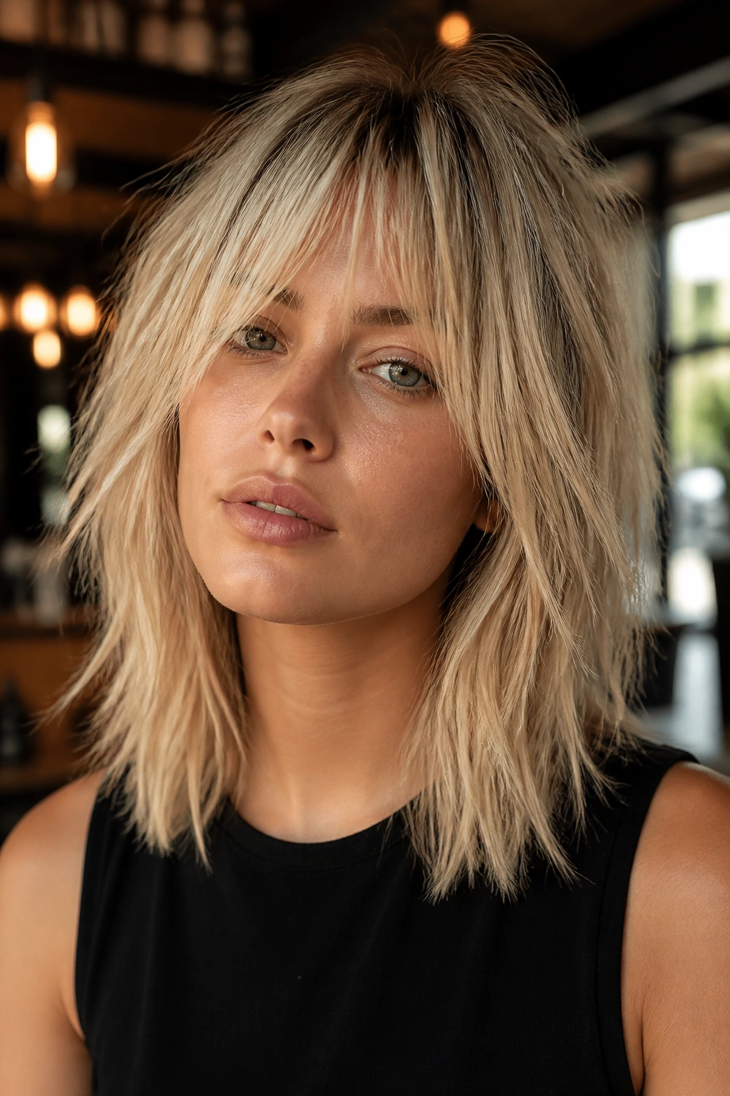 Close-up of a real woman with Piecey Shag and sliced ends for texture