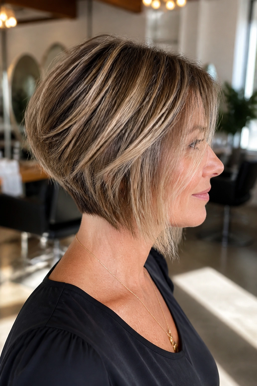 Medium close-up of a real woman with piecey stacked bob and razor-cut ends