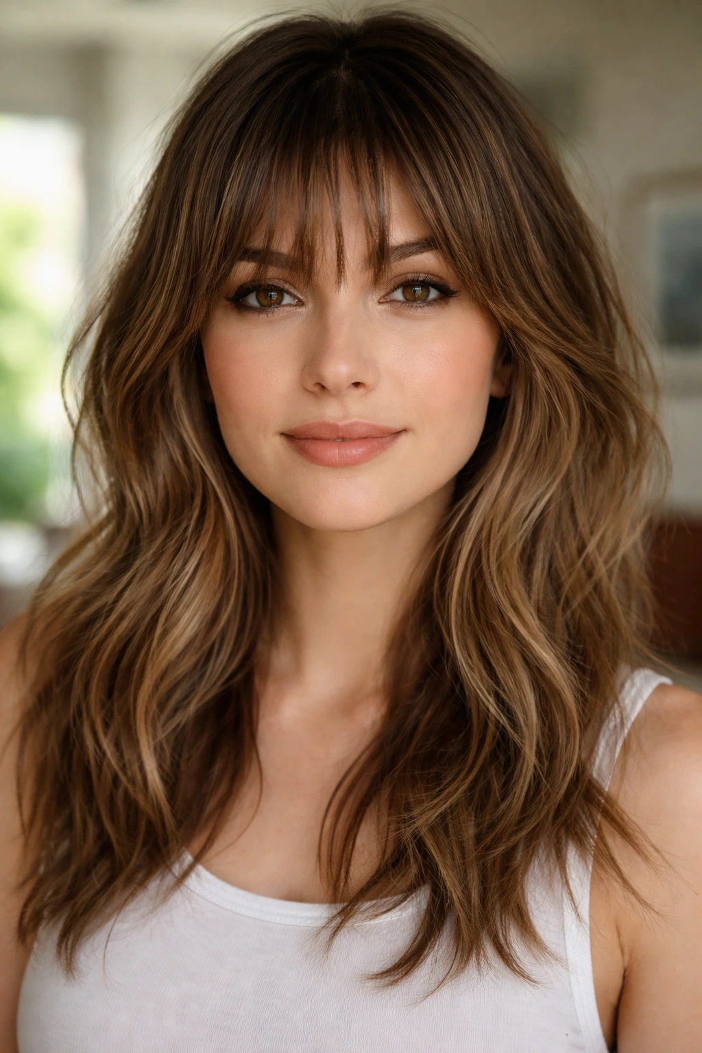 Close-up portrait of a real person with piecey, tapered bangs