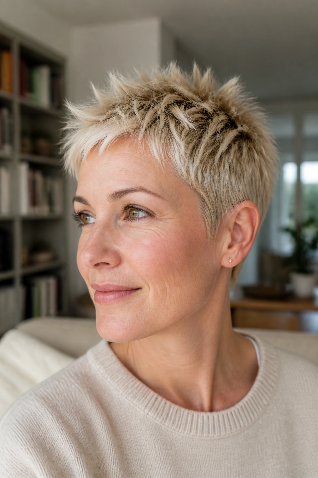 Close-up of a real woman with a piecey textured close-cropped pixie in bright home setting