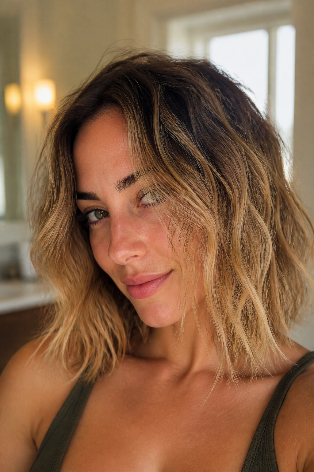 Close-up of a real woman's shoulder-length hair with piecey texture waves and salt spray finish
