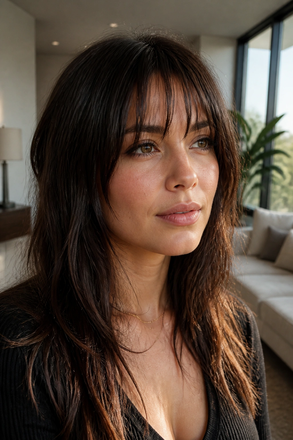 Close-up portrait of a real woman with piecey textured bangs