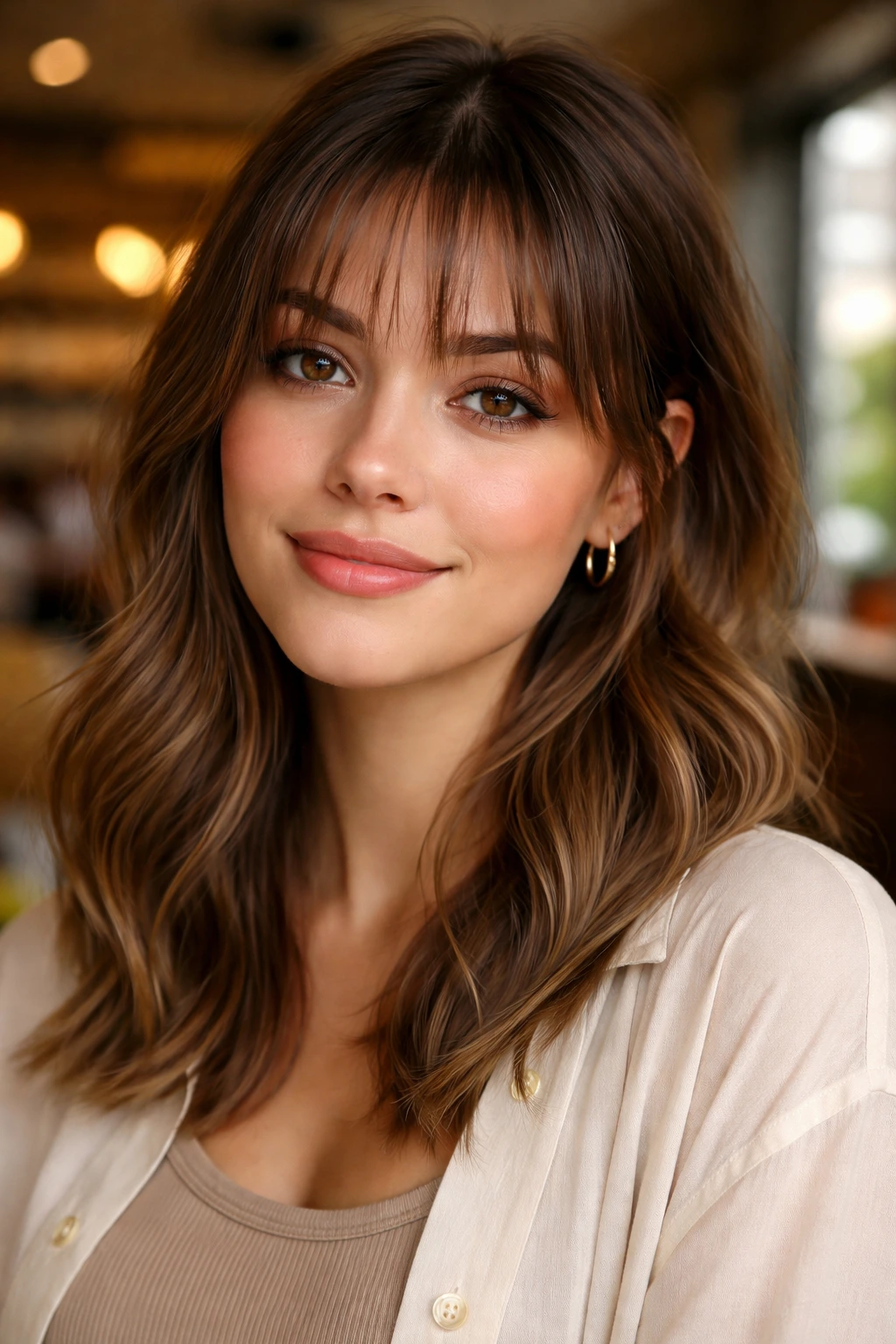 Real woman with piecey textured bangs close-up