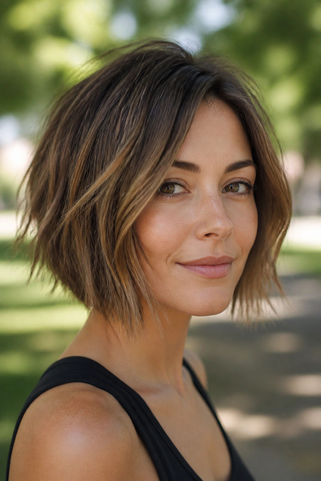Portrait of a real woman with a piecey textured bob razored ends