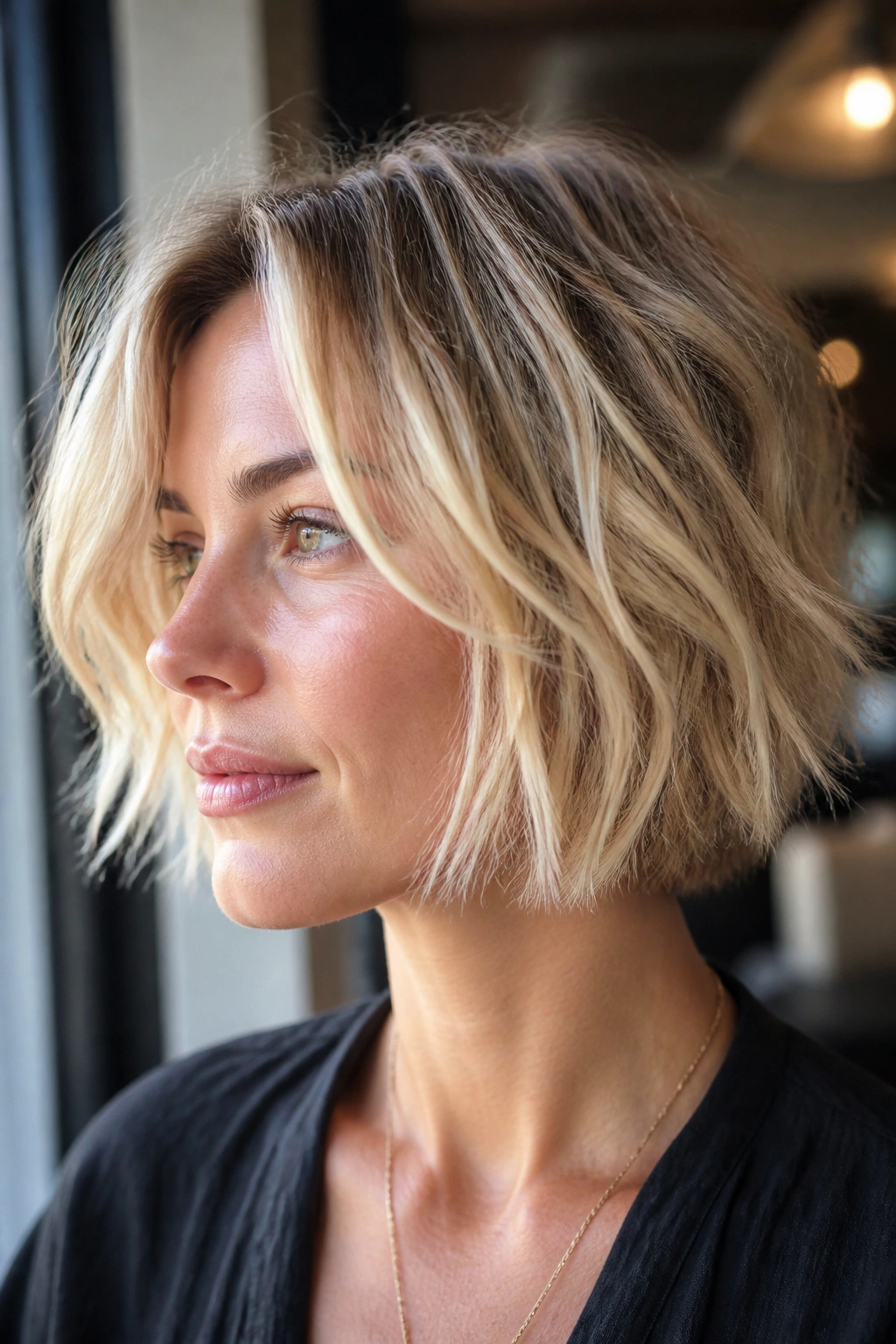 Close-up of a real woman with a blonde piecey textured bob and rough-dry finish