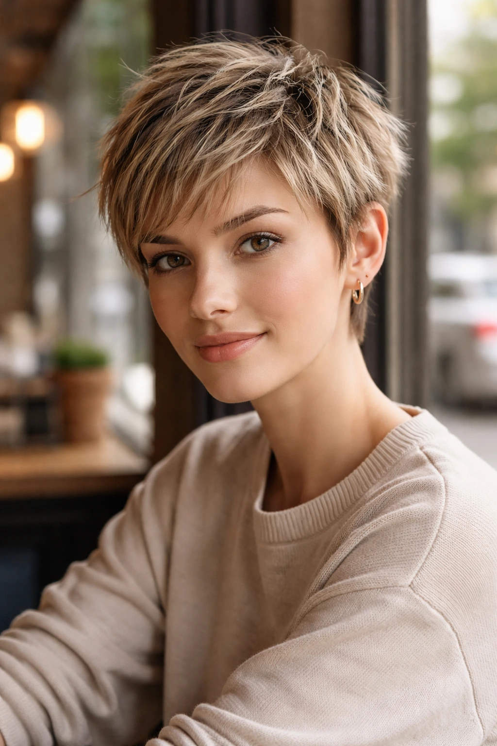 Close-up portrait of a real person with piecey textured pixie hair showing defined clusters
