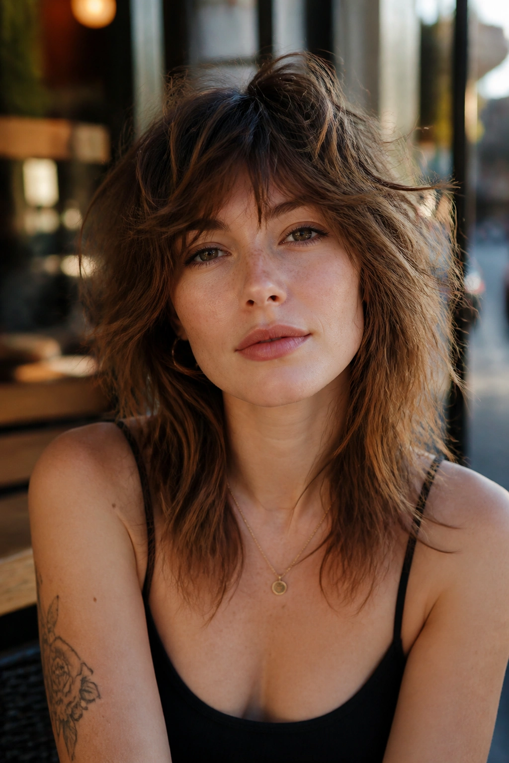 Close-up portrait of a woman with piecey tousled shag