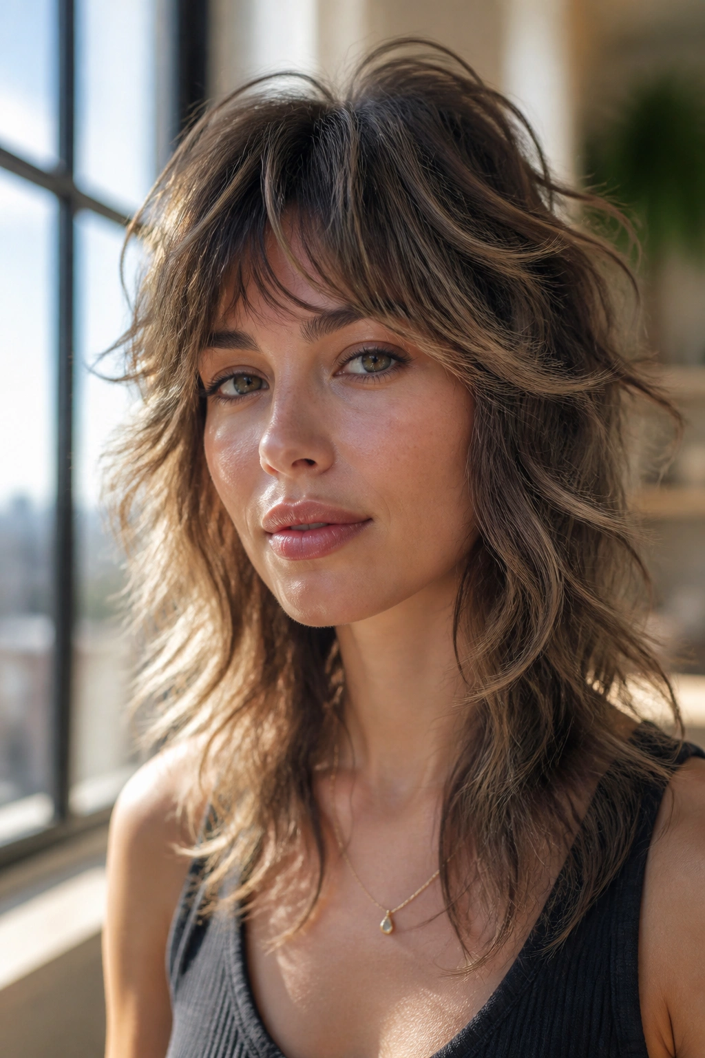 Close-up of a real woman with a piecey-wave wolf cut, ribbon-like texture in fine hair under natural window light.
