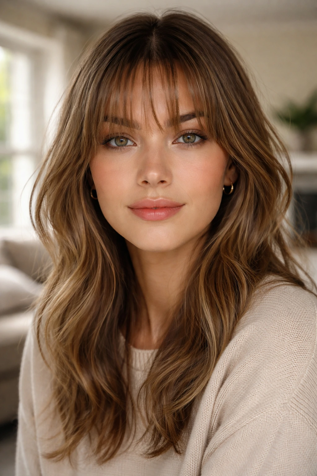 Close-up portrait of a real person with piecey wispy bangs