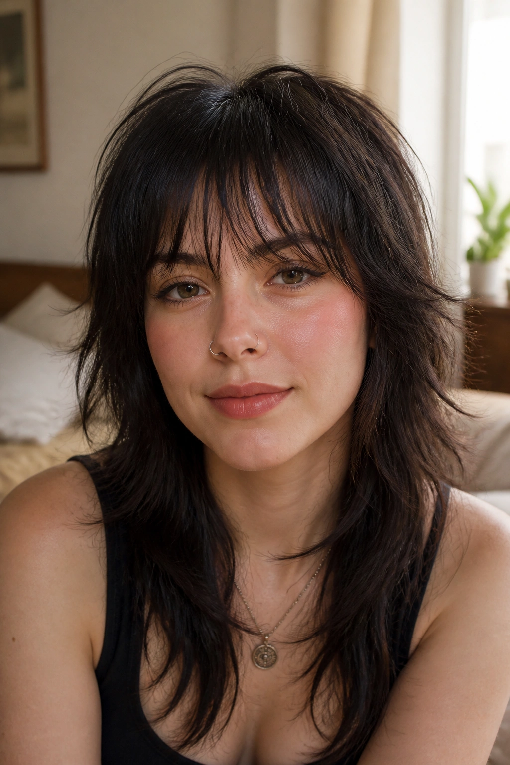 Close-up of a real woman with a piecey wolf cut and wispy bangs in warm window light